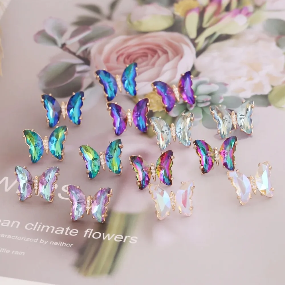 SEE OTHER COLORS Butterfly Earrings Green Rhinestones Gold Tone Setting - Picture 5 of 9